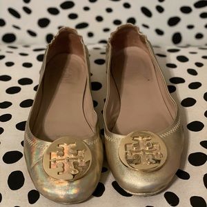 Tory Burch Minnie Travel Flats Spark Gold Size 7